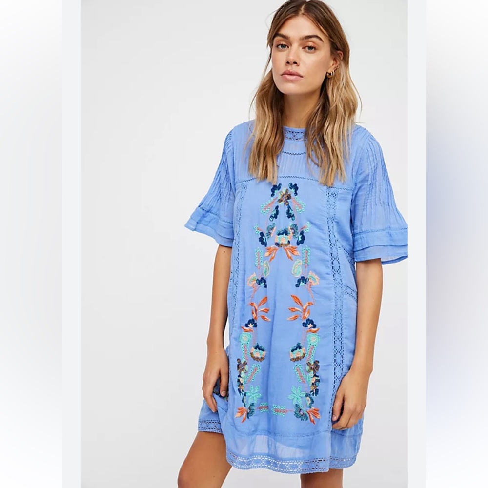 Free People Sky Blue Embroidered Mini Dress